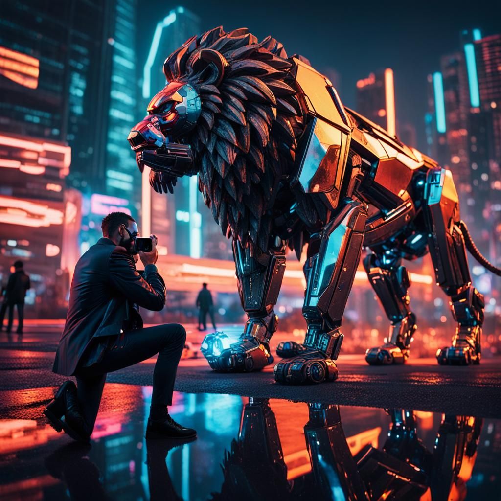 Cyberpunk Photographer Surprised by Lion in Cityscape