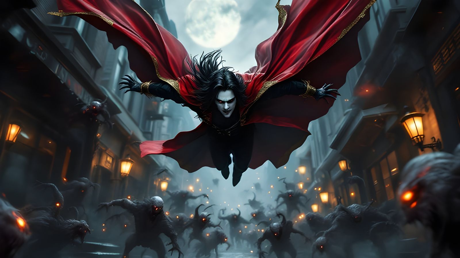 Ethereal Vampire Soars in Victorian Alley, Chased by Dark Cr...
