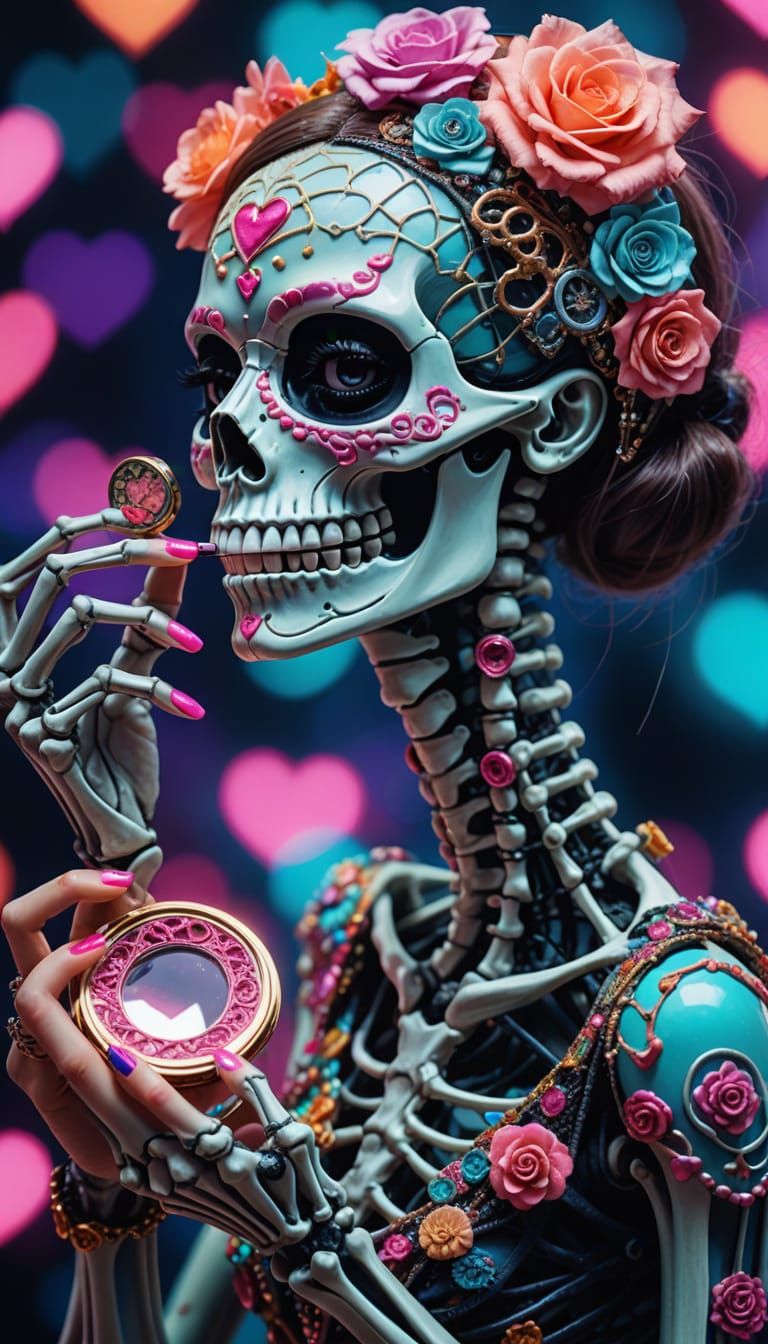 Surreal Skeleton with Lipstick in Vivid Digital Art