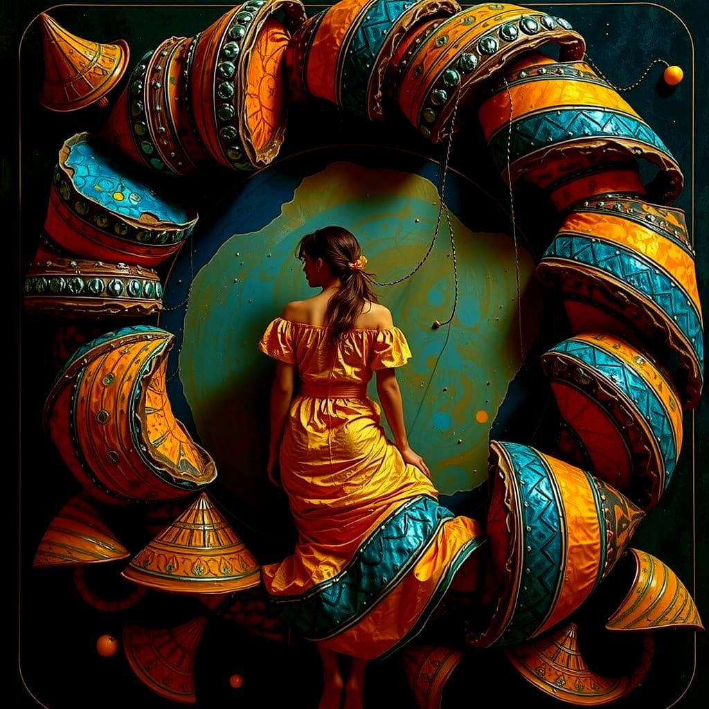 Woman in Flowing Yellow Dress in Garden of Earthly Delights