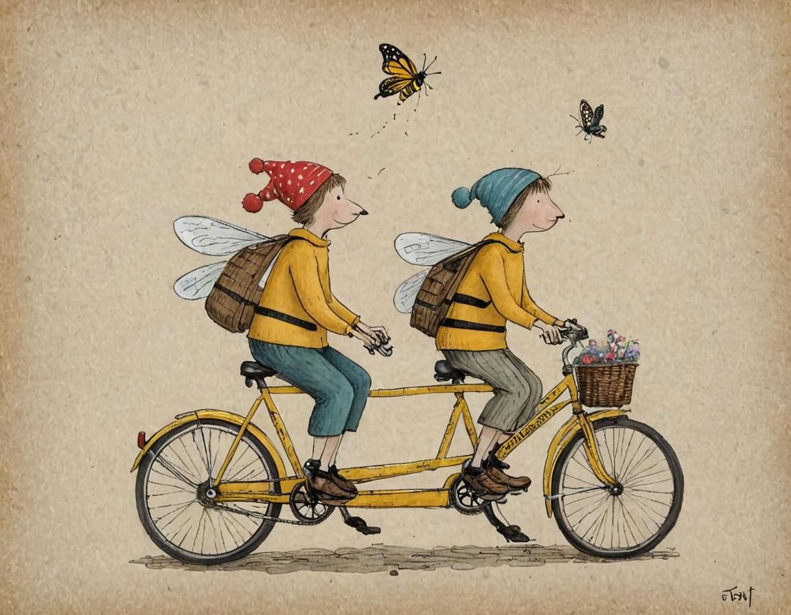 Two Figures Cycling on a Tandem Bike in the Rain
