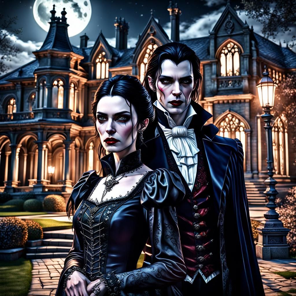 Gothic Vampire Couple in Moonlight Mansion
