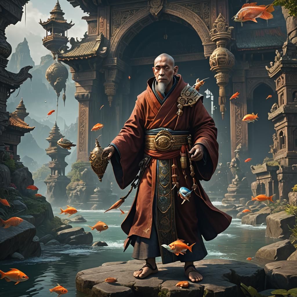 Monk with Fish Head: Detailed Matte Painting
