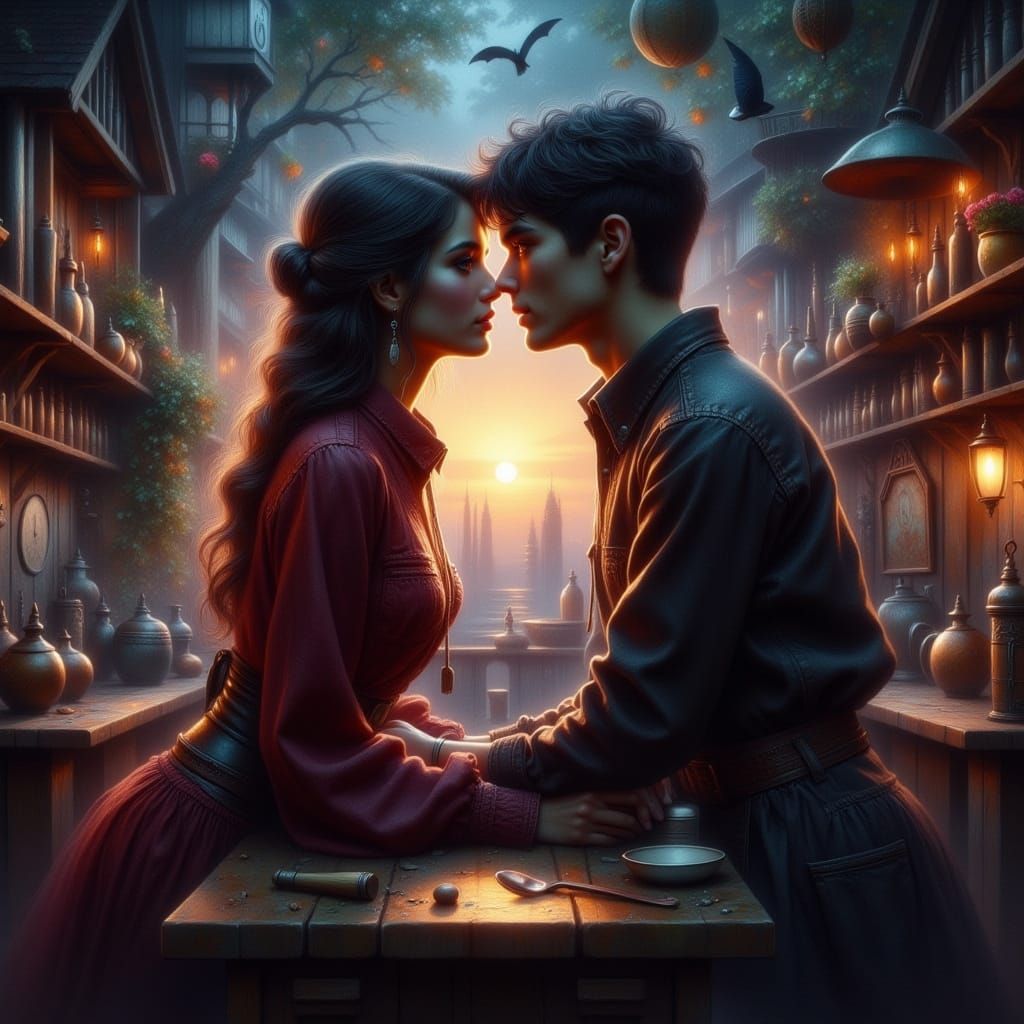 Couple Shares Intense Moment on Table in Moody Digital Art