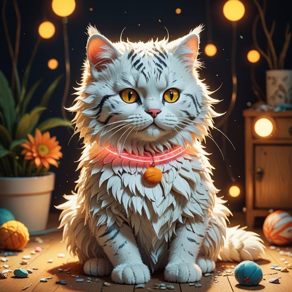 Fluffy Cat in Tiger Costume Stalks Toy Mouse