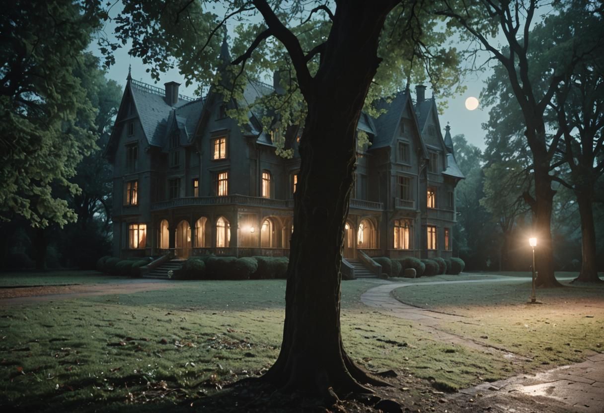 Gothic Mansion in Moonlight: A Cinematic Still
