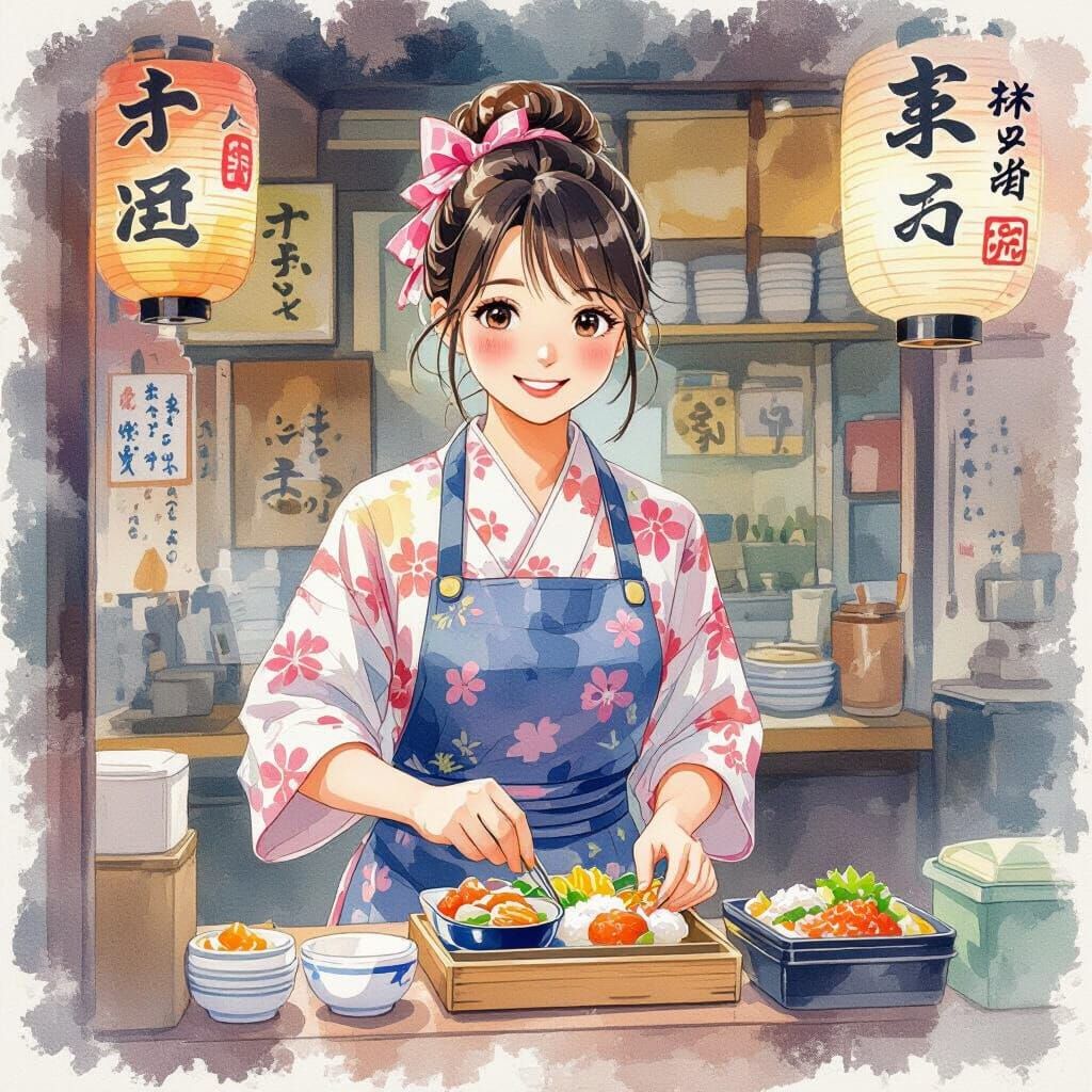 Smiling Bento Seller in Anime Watercolor Style