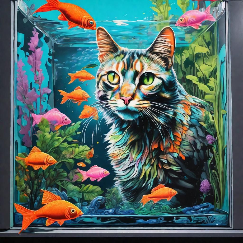 Cat Gazing into Fish Tank in Graffiti Art Style