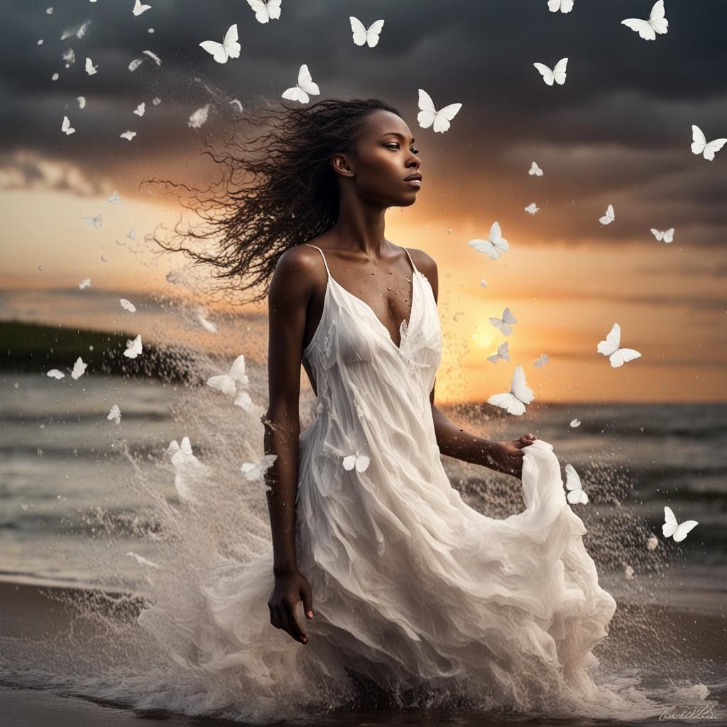 Woman in Butterfly Dress Running on Beach at Sunset