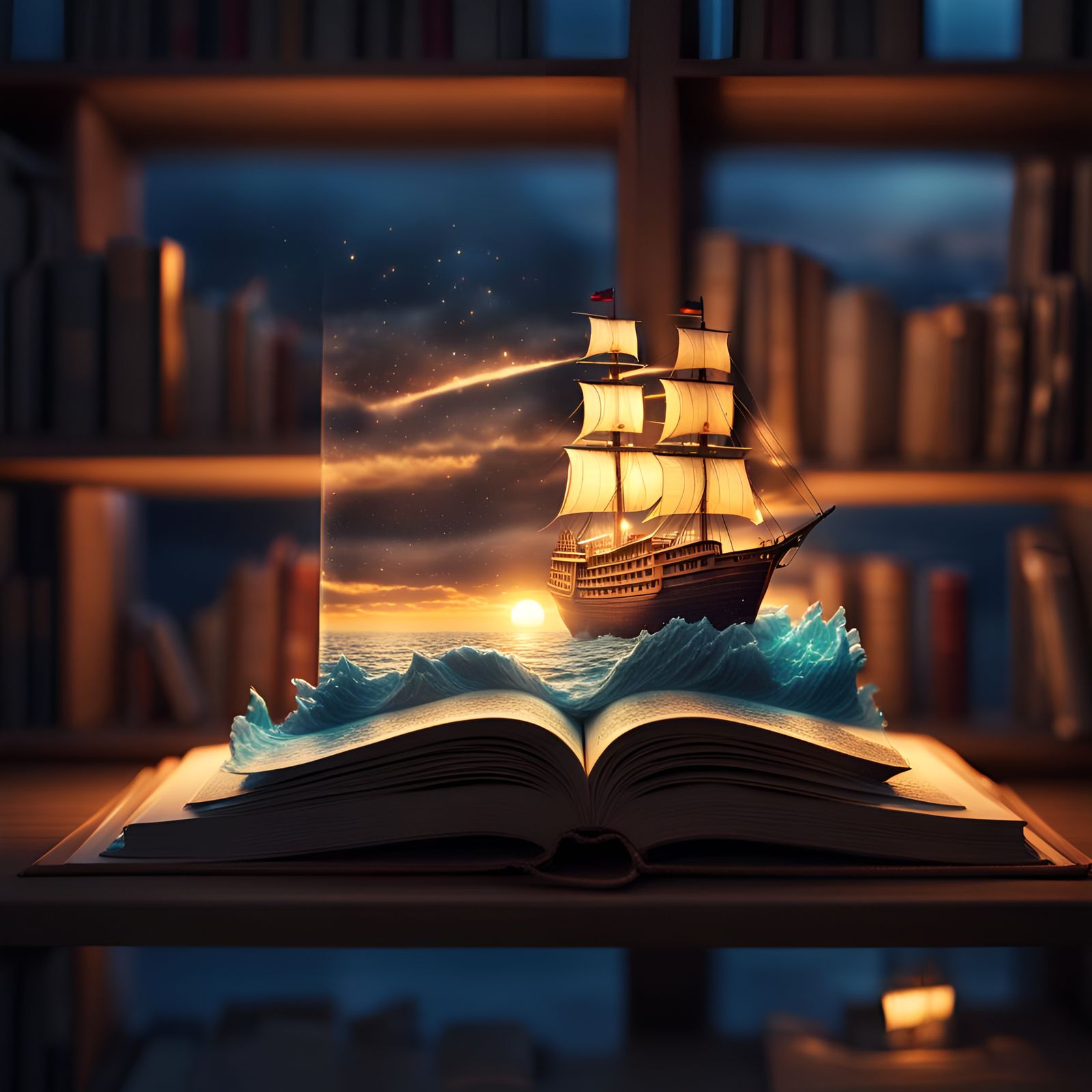 Ocean Landscape Inside Open Book: Fantasy Illustration
