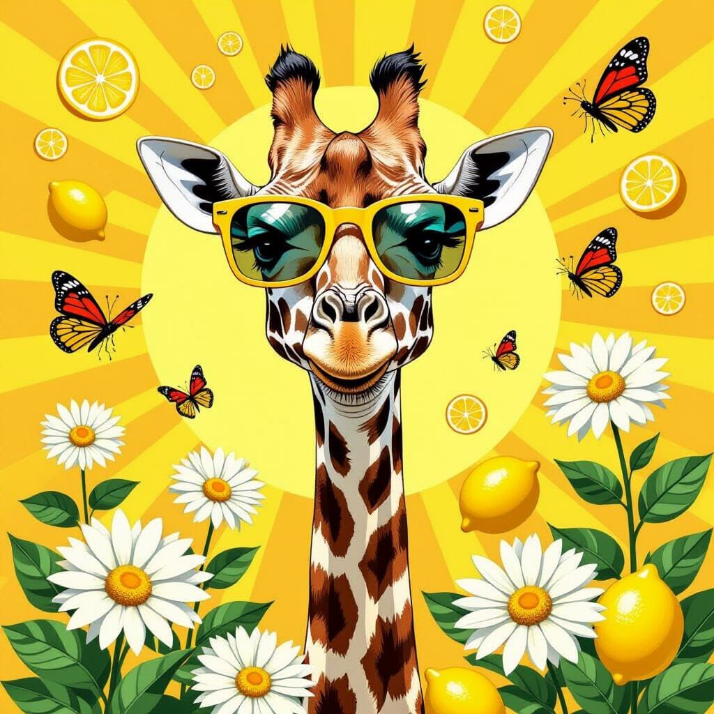 Surreal Pop-Art Giraffe with Sunglasses and Butterflies