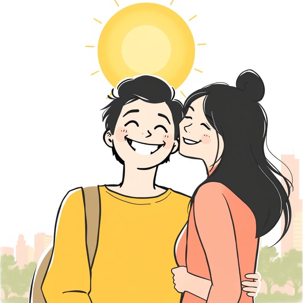 Optimistic Stranger Sharing Joyful Moment in Serene Cityscap...