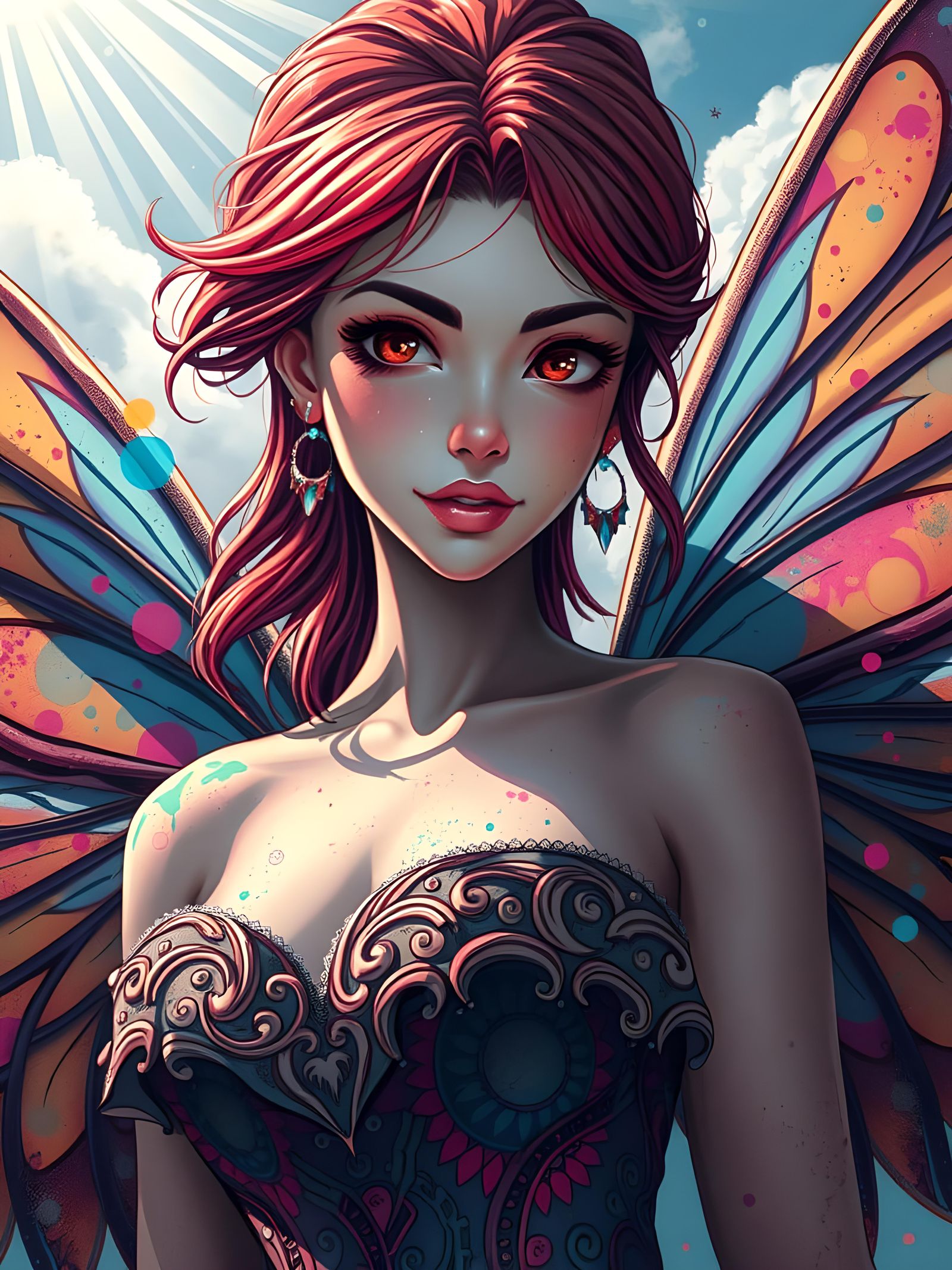 Anime Fairies Portrait with Graffiti Wings in Paint Splatter...