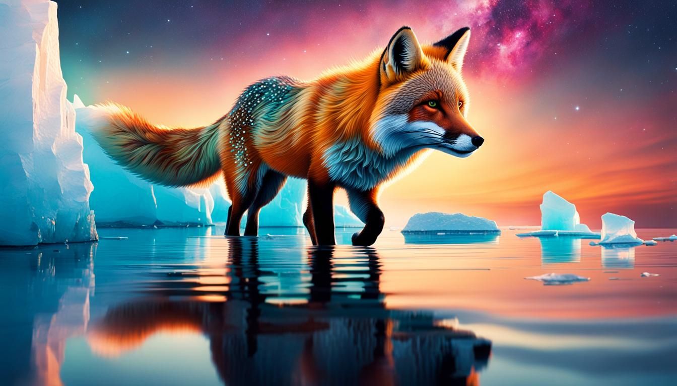 Aurora Fox Leaps Across Ethereal Arctic Icebergs