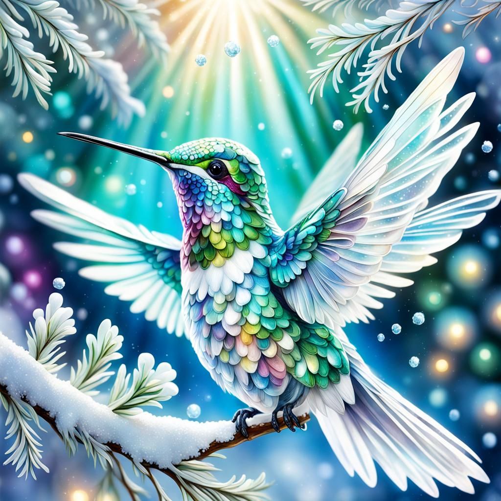 Icy White Hummingbird in Winter Wonderland