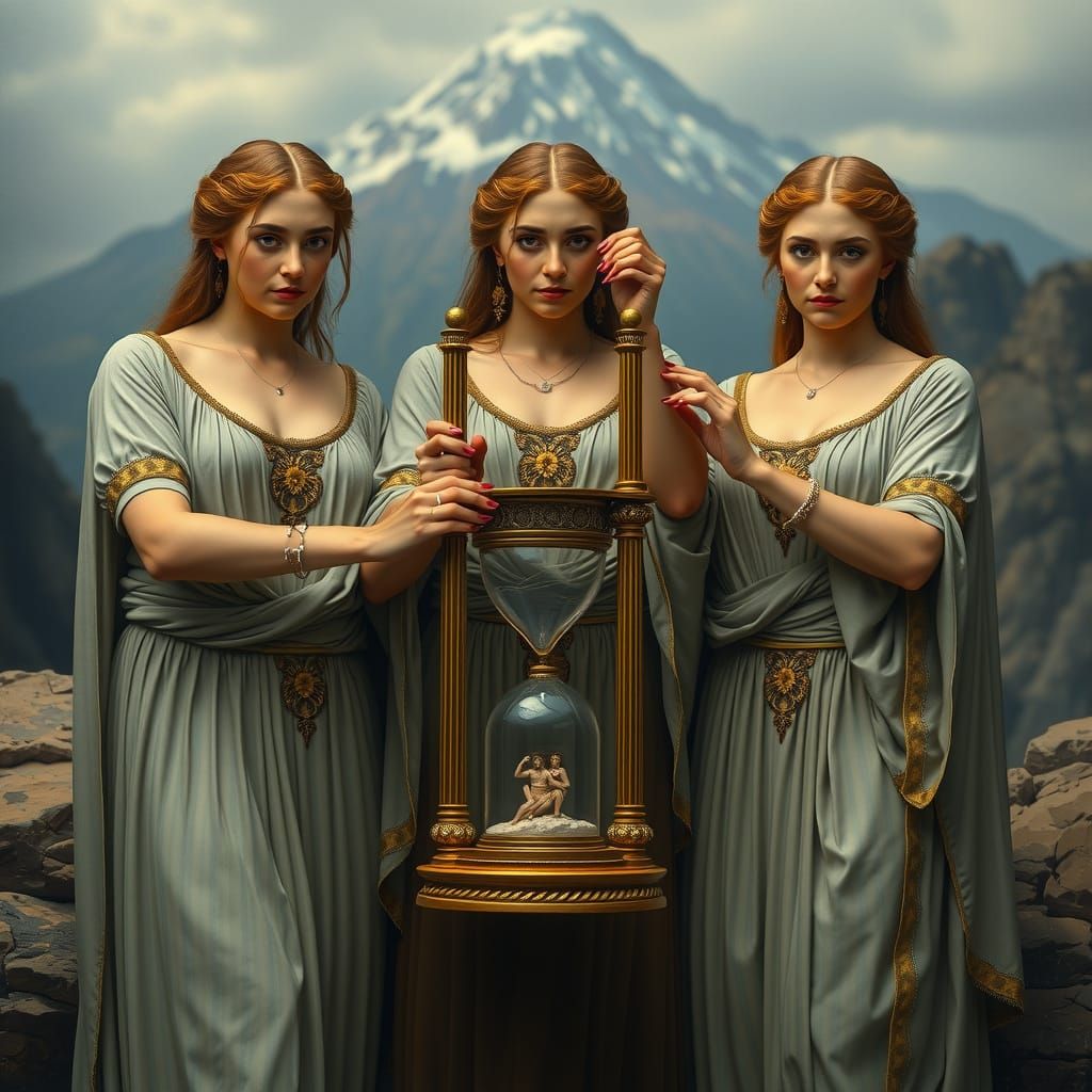 The 3 Fates, adorned in elaborate, pleated Greek dresses wit...
