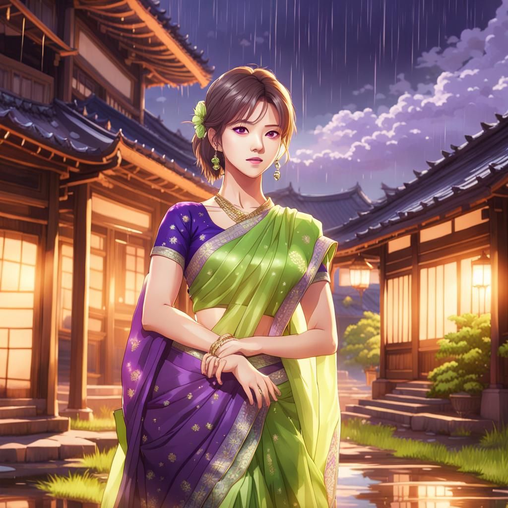 K-pop Star in Silk Saree: Anime Art