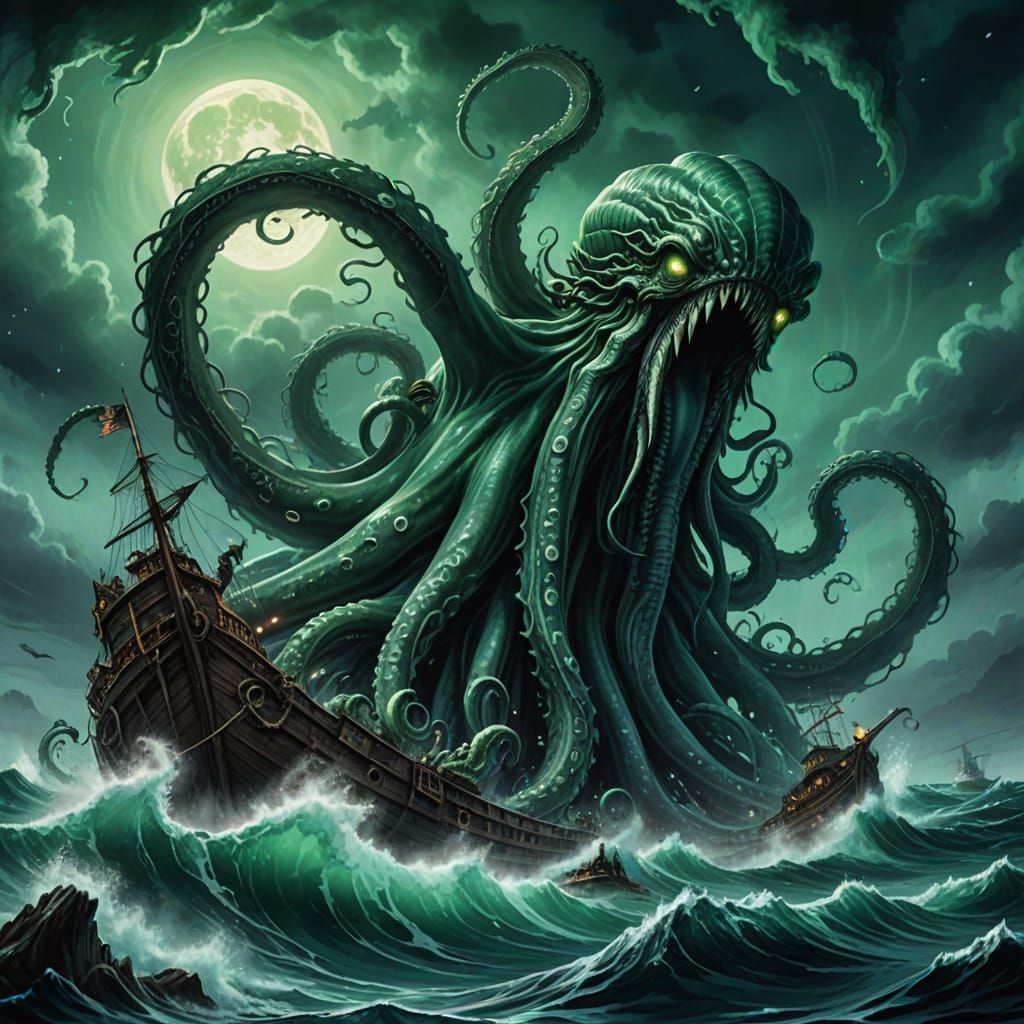 Kraken Rising from Devil's Sea in Watercolor Style