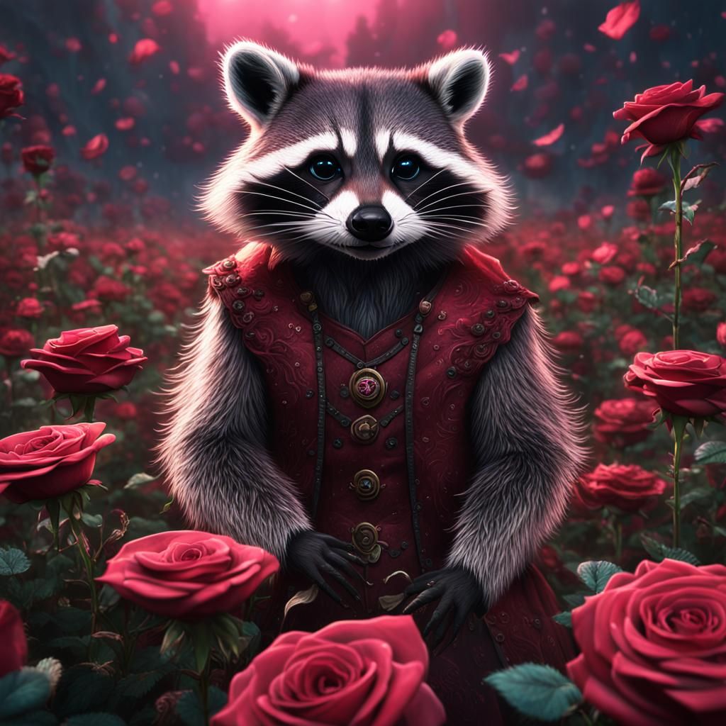 Raccoon in Rose Field: Detailed Matte Painting