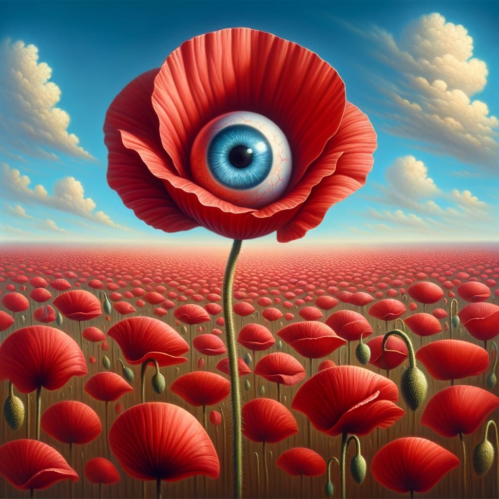 Surreal Red Poppy with Blue Eye, Oil Painting
