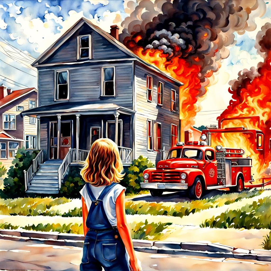 Girl Watches House Fire, Watercolor Painting