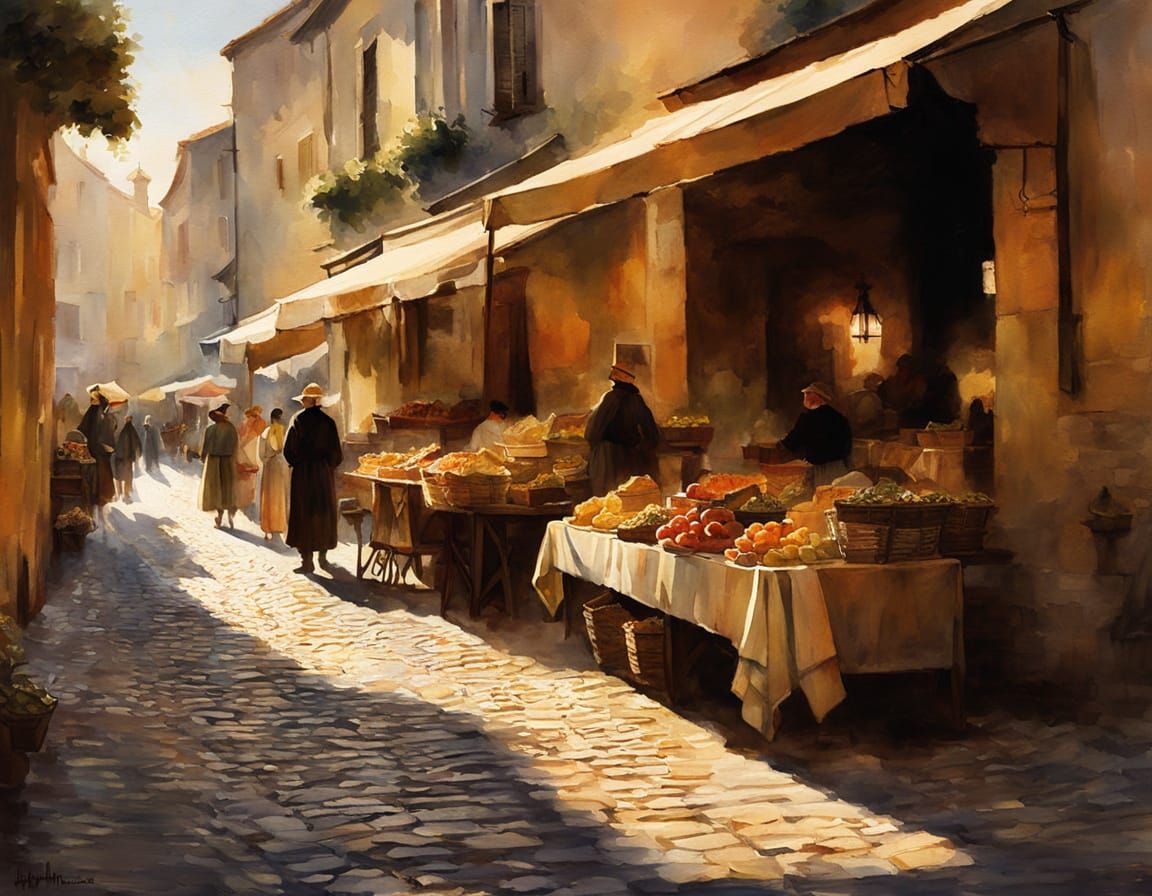 European Street Market in Watercolor Style