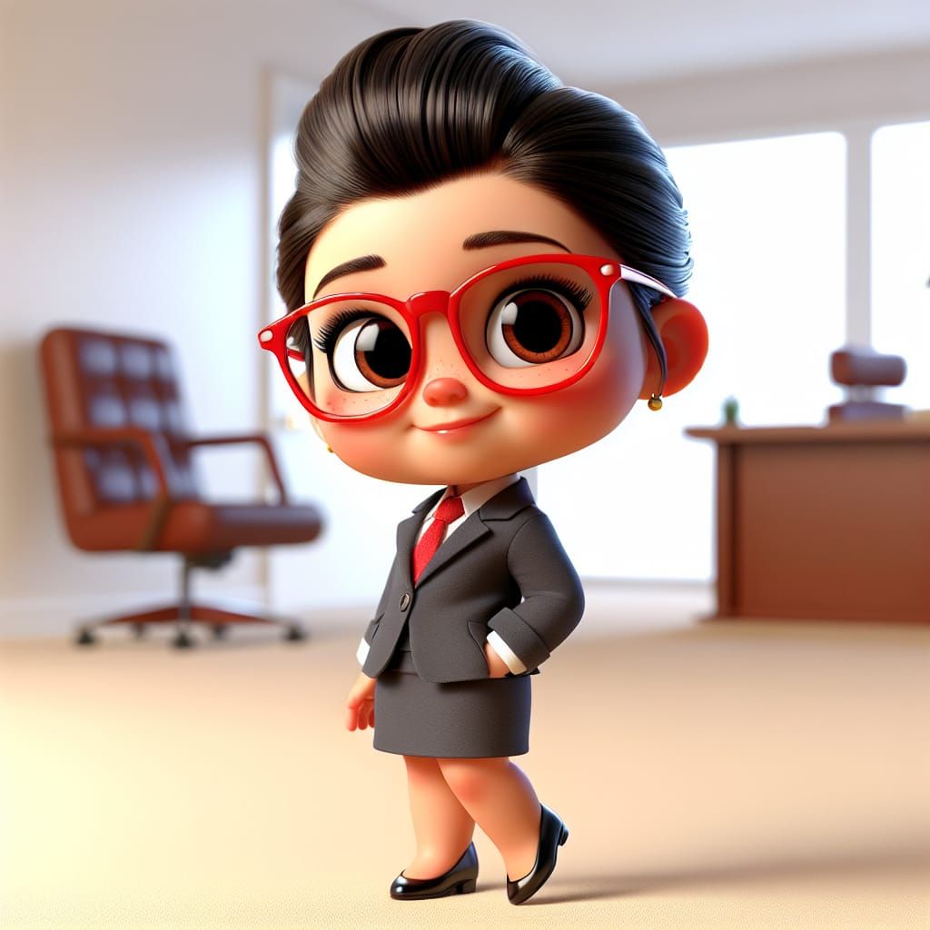 Disney Pixar style 3D adorable little girl wearing a business suit and skirt, hair in a professional updo, wearing red g...