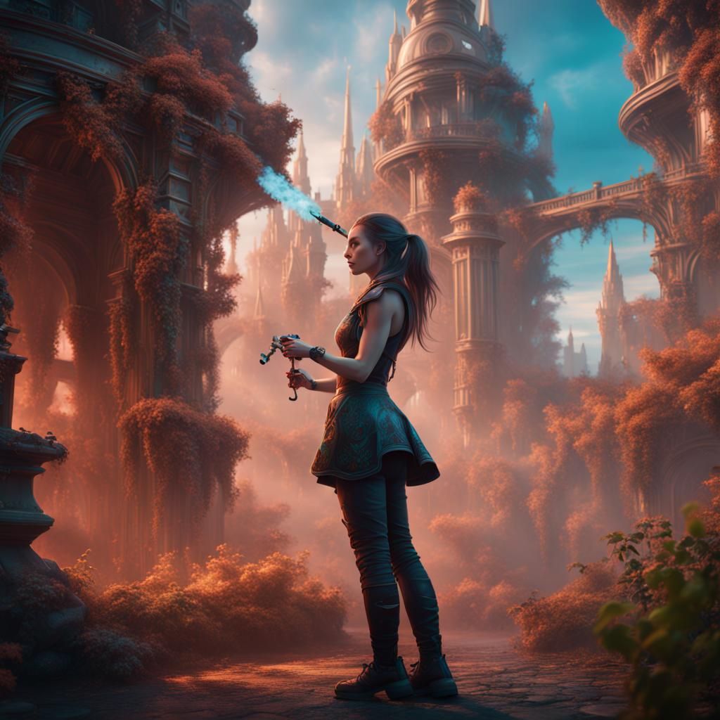 Woman With Vape Device in Detailed Matte Painting