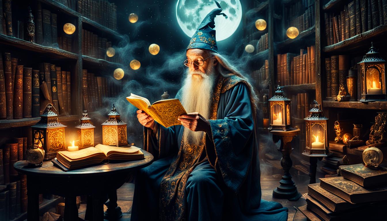 Mystical Wizard Reading Tarot Cards in Library