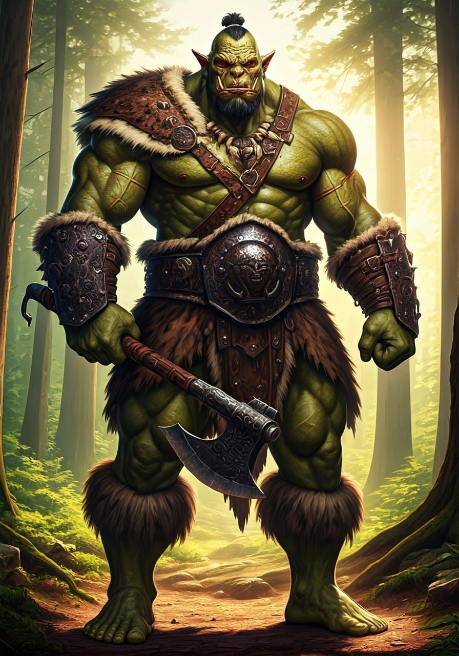 Muscled Orc Warrior in Forest Battle Readiness