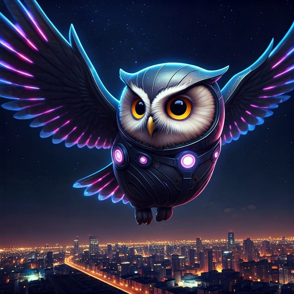 Cute Owl in Futuristic Space Suit Soars Through City Night S...
