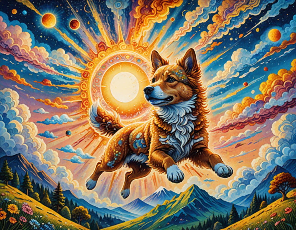 Anime Fantasy Dog Soars Through the Sky in Whimsical, Pointi...