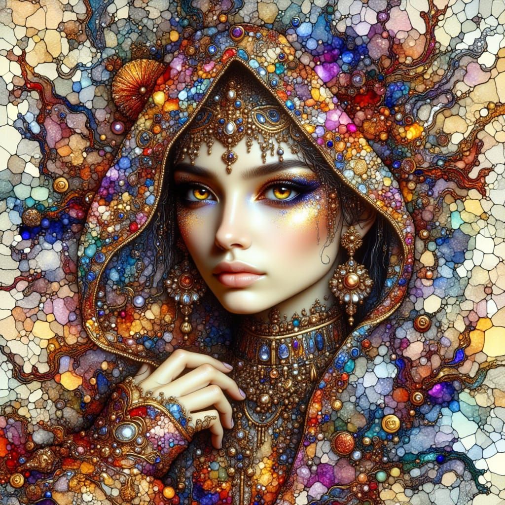 Girl Surrounded by Fractal Zentangle in Vivid Colors