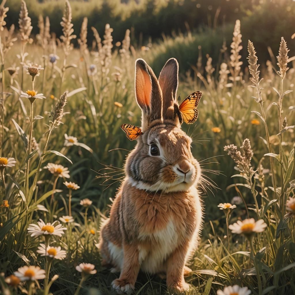 Bunny's Sweet Treat: Ice Cream and Butterfly in Meadow