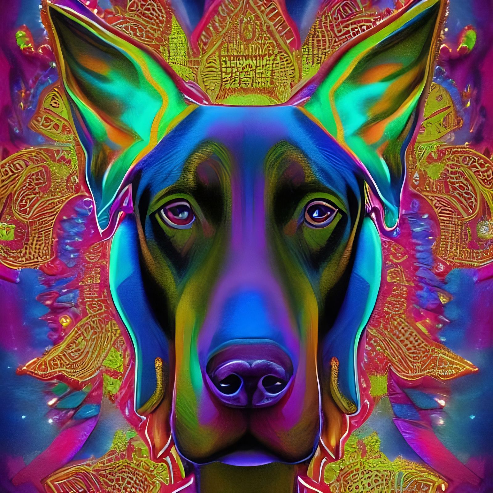 Surreal Doberman God in Ethereal Crystal Regalia
