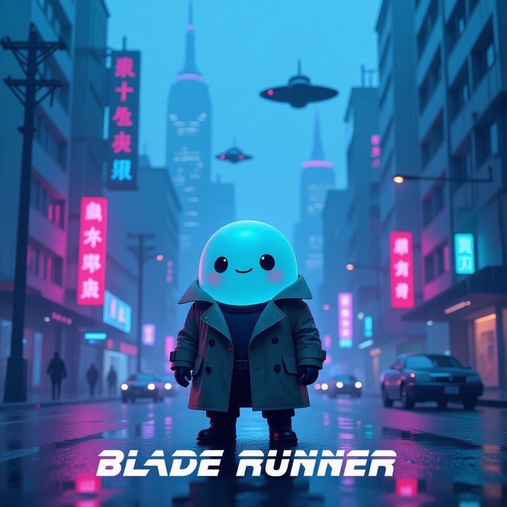 Blade Runner Poster: Cheerful Slime in Cyberpunk City