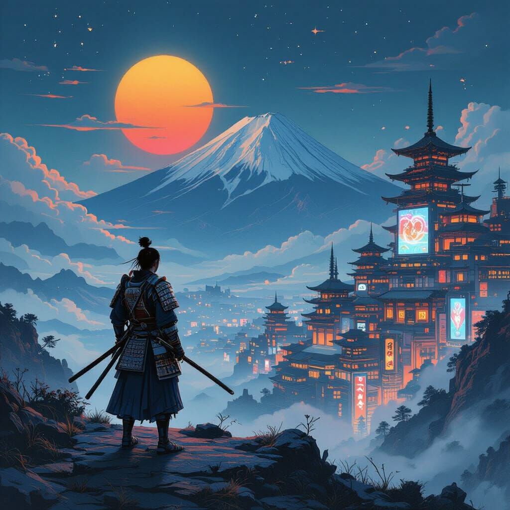 Samurai on Alien World with Binary Sunset