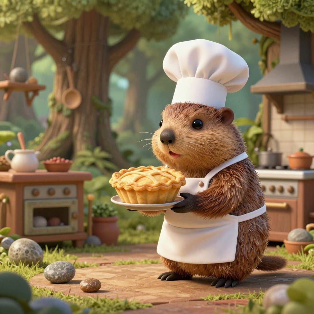 Groundhog Chef Inspects Miniature Pie in Fantasy Kitchen