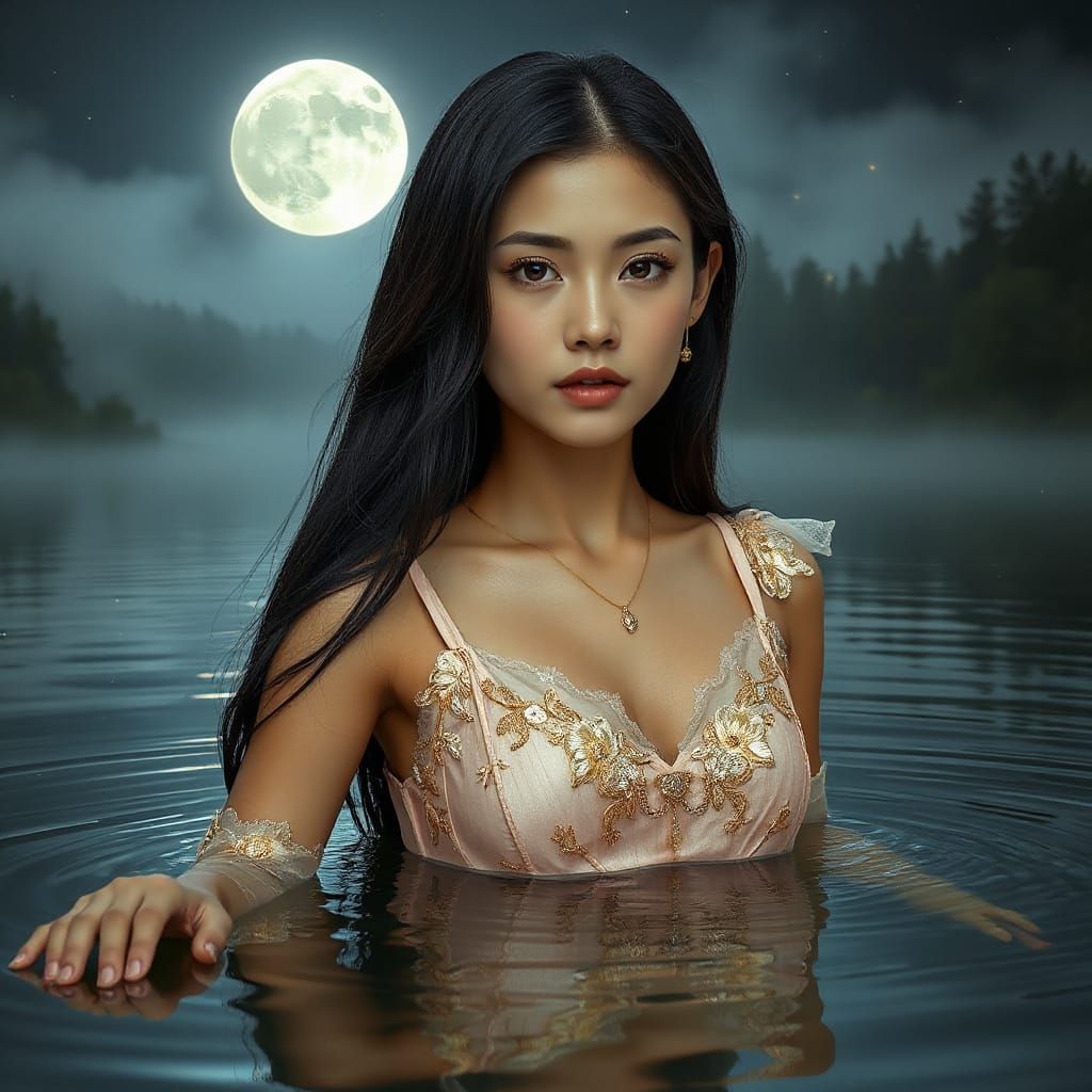 Mysterious Chinese Woman in Misty Moonlight