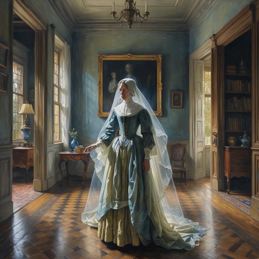 Victorian Ghost Haunting a Manor, in Vermeer Style