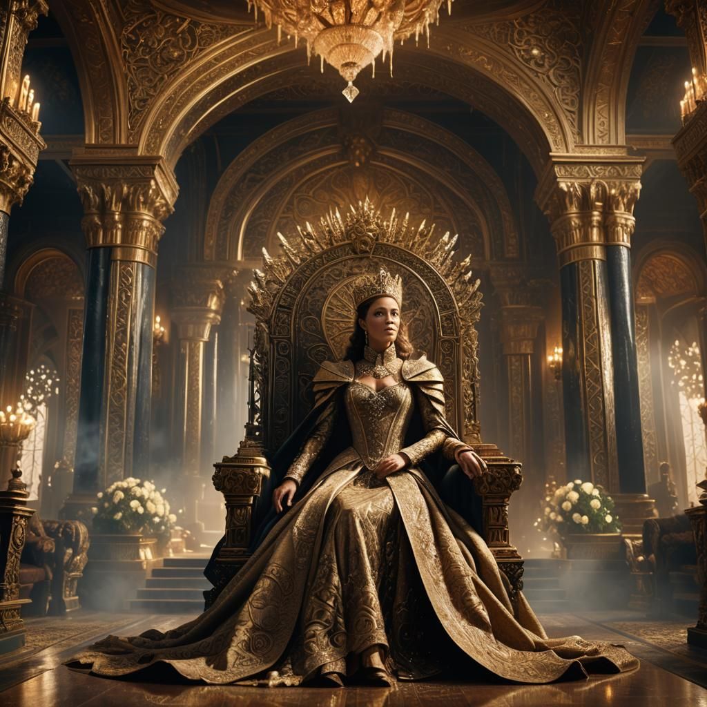 Regal Queen in Opulent Throne Room