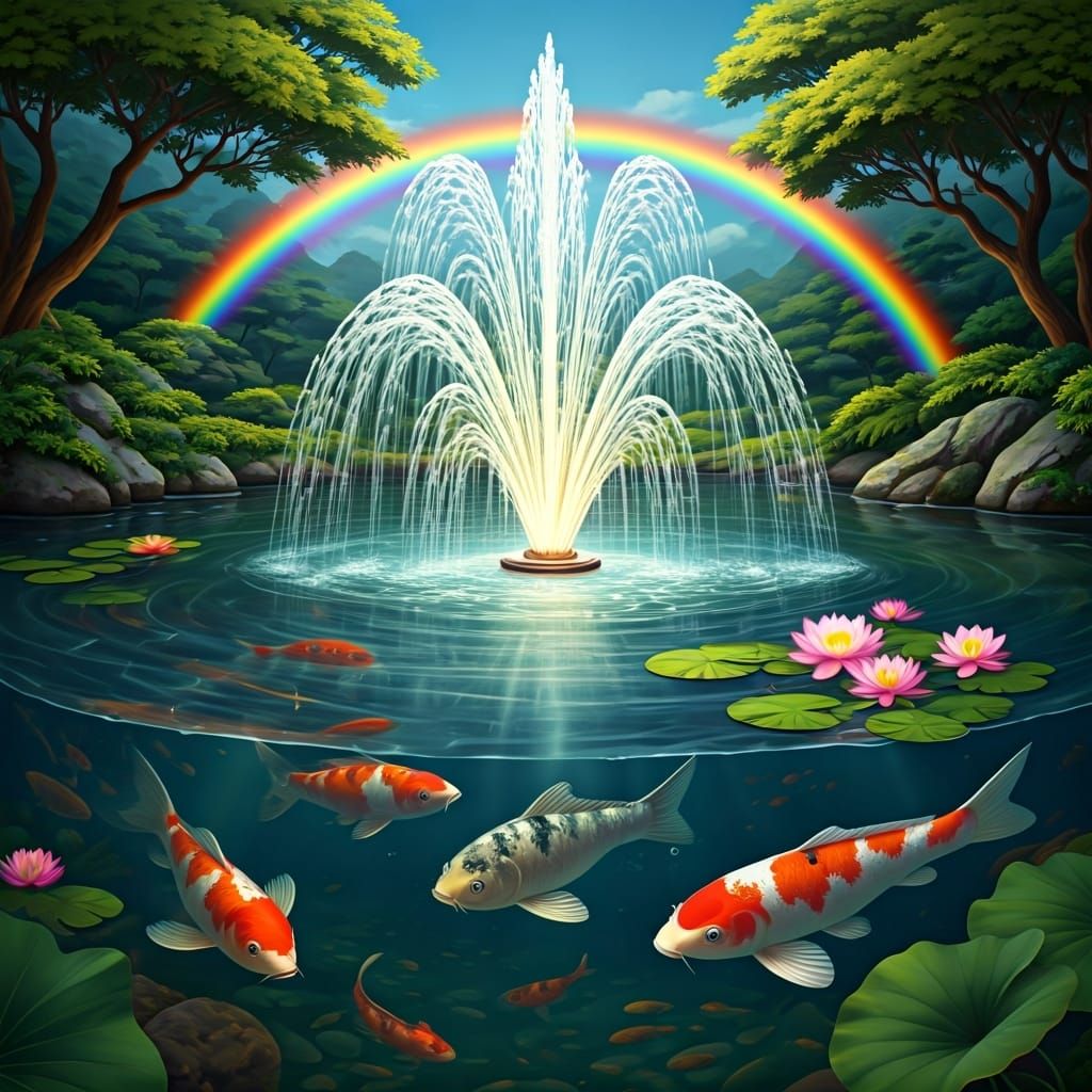 Japanese Garden Koi Pond with Rainbow Fountain