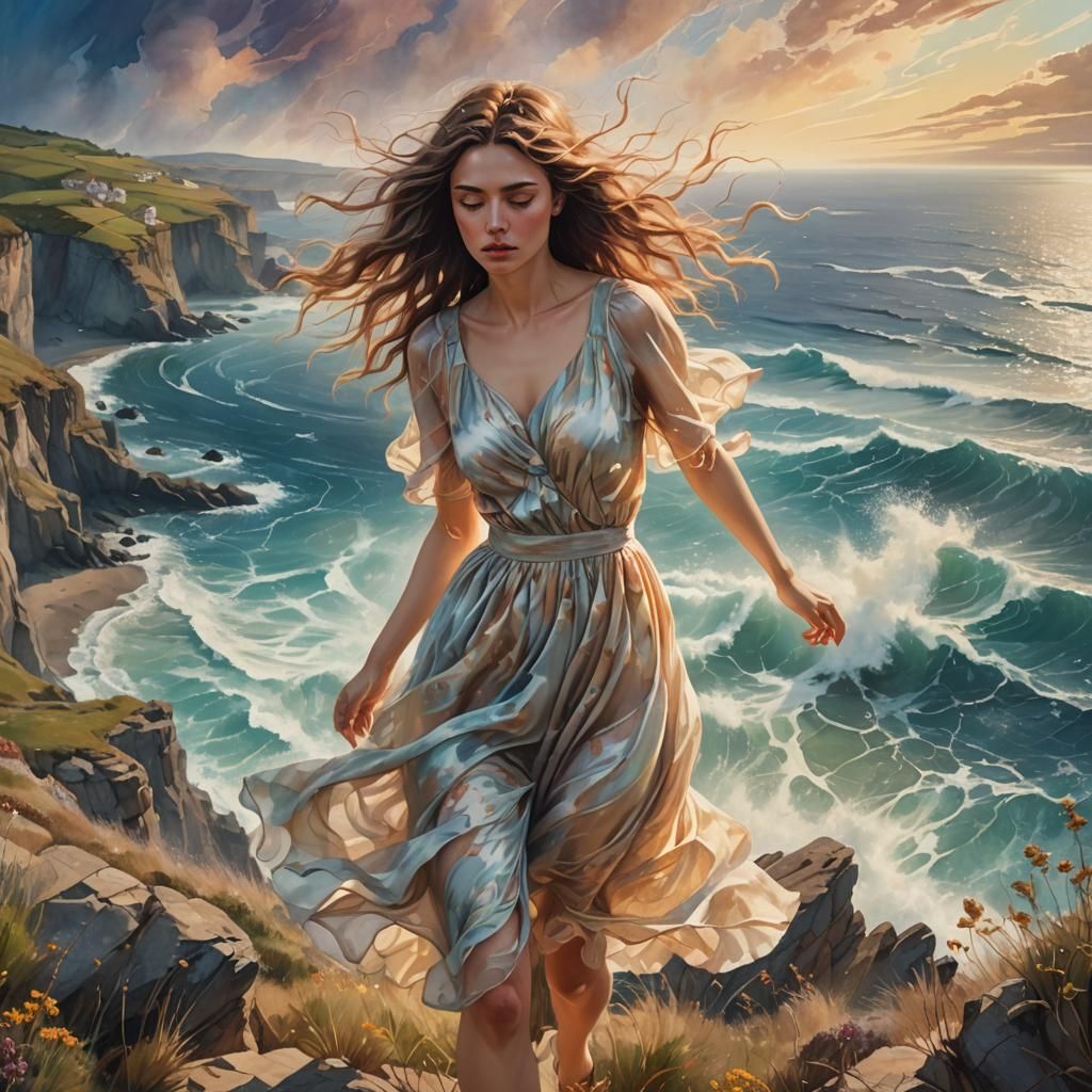 Surrealist Woman on Windy Cliff by Ocean