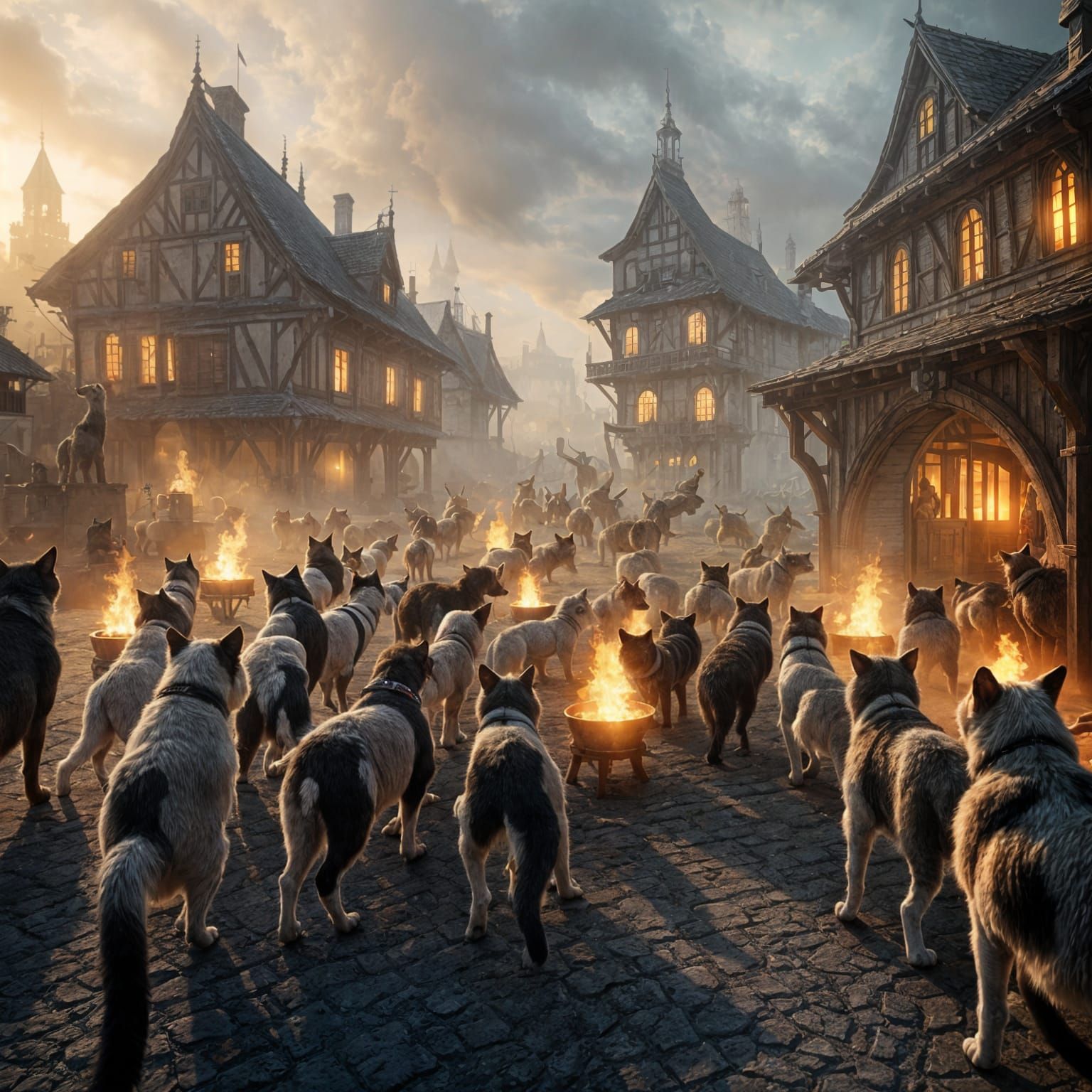 Epic Battle: Cats vs. Dogs in Medieval Village
