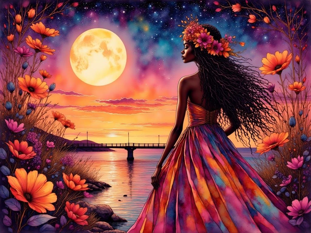 African Woman in Tangerine & Aubergine Cityscape