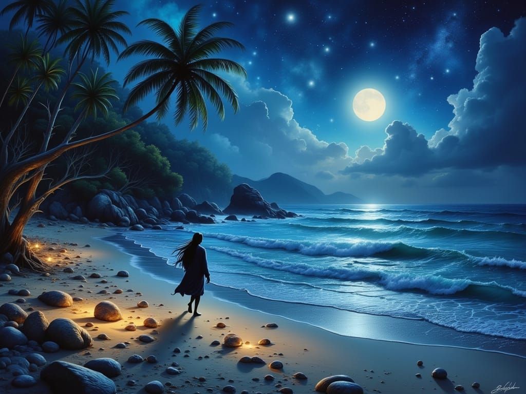 Midnight Beach Scene in Dreamy Ethereal Style