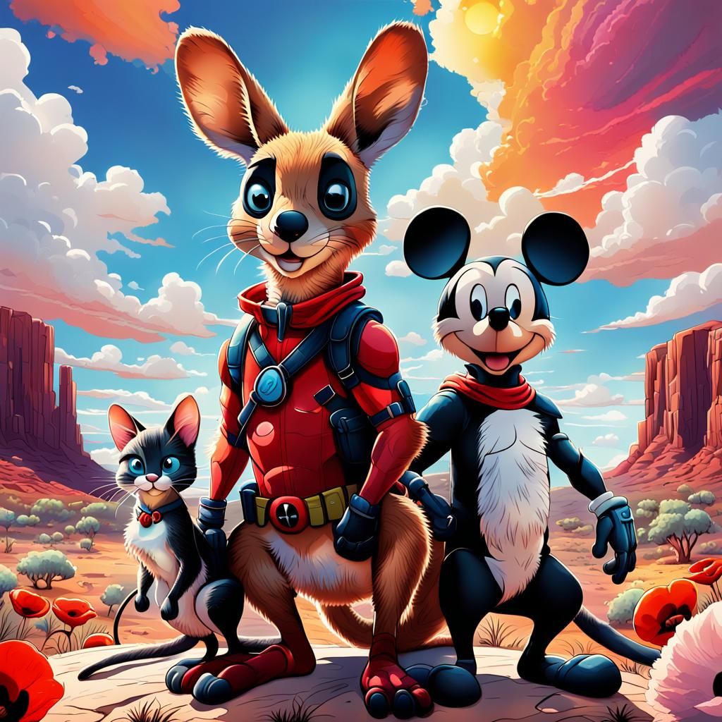 Cartoon Kangaroo, Deadpool Cat, and Mickey Mouse
