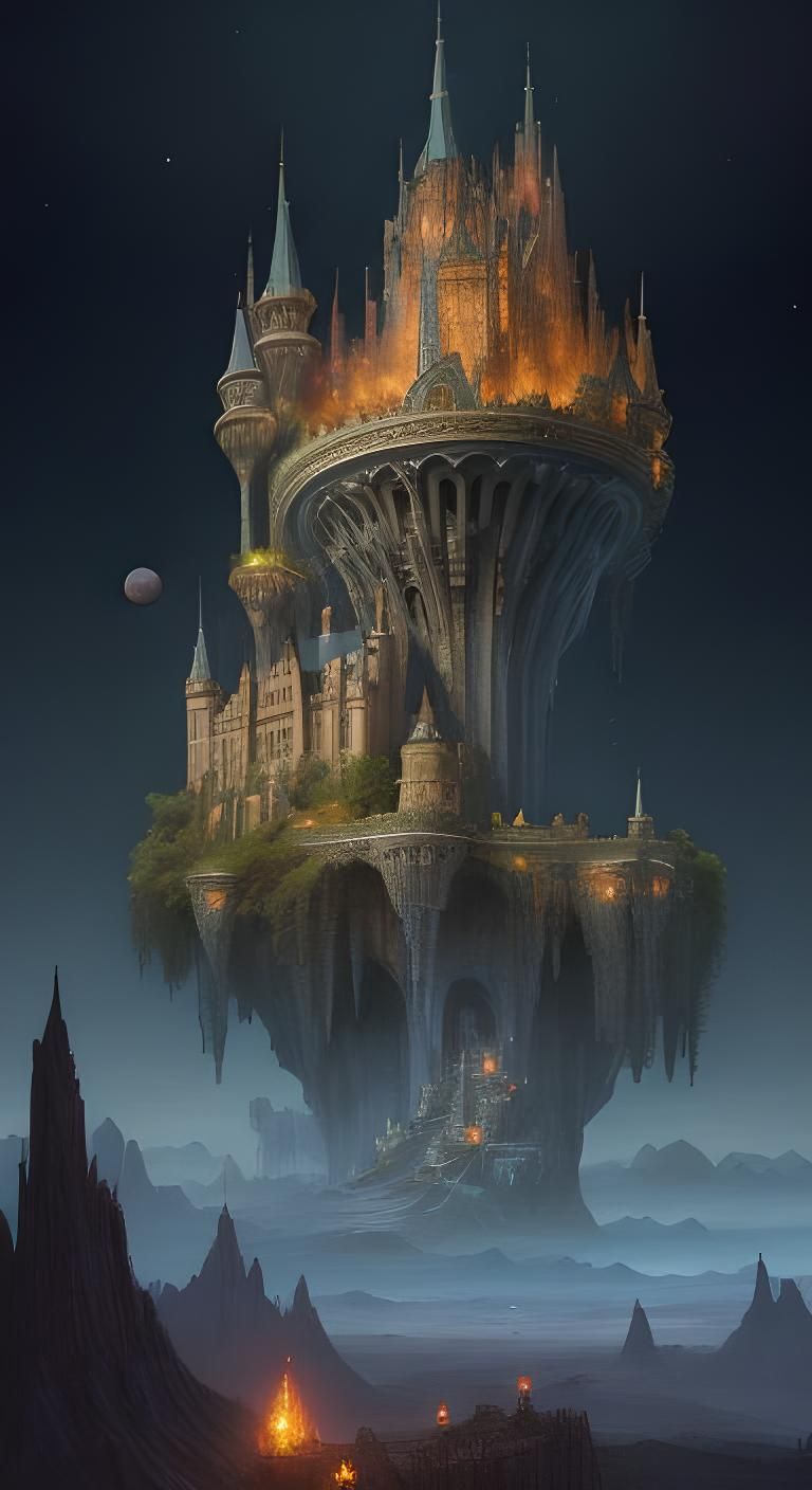 Fantasy Sky Castle with Spiral Staircase at Sunset