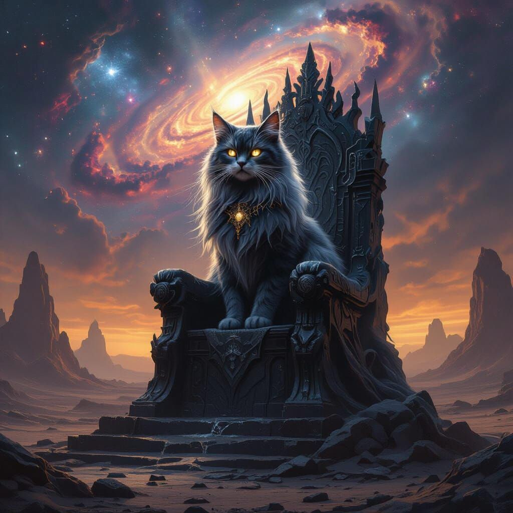 Majestic Cosmic Cat on Obsidian Throne