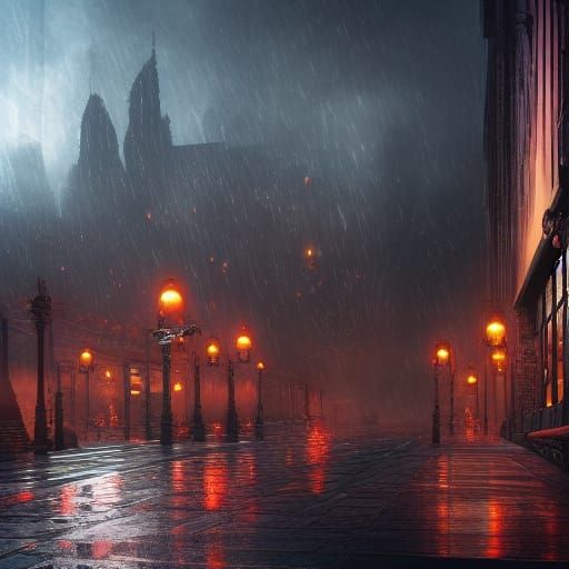 Fantastical City Rain in Detailed Matte Painting